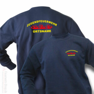 Jugendfeuerwehr Premium Pullover Rundlogo Flamme mit Ortsnamen