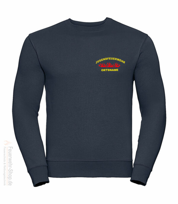 Jugendfeuerwehr Premium Pullover Rundlogo Flamme mit Ortsnamen