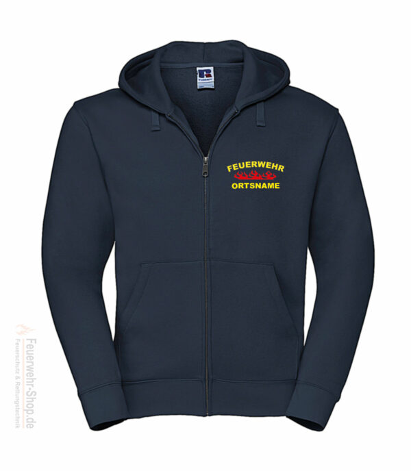 Feuerwehr Premium Kapuzen-Sweatjacke Rundlogo Flamme mit Ortsnamen