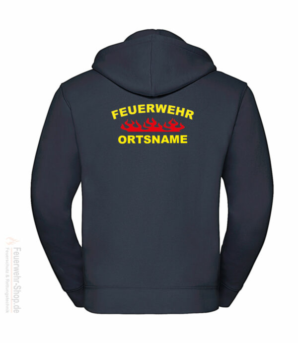 Feuerwehr Premium Kapuzen-Sweatjacke Rundlogo Flamme mit Ortsnamen – Bild 3