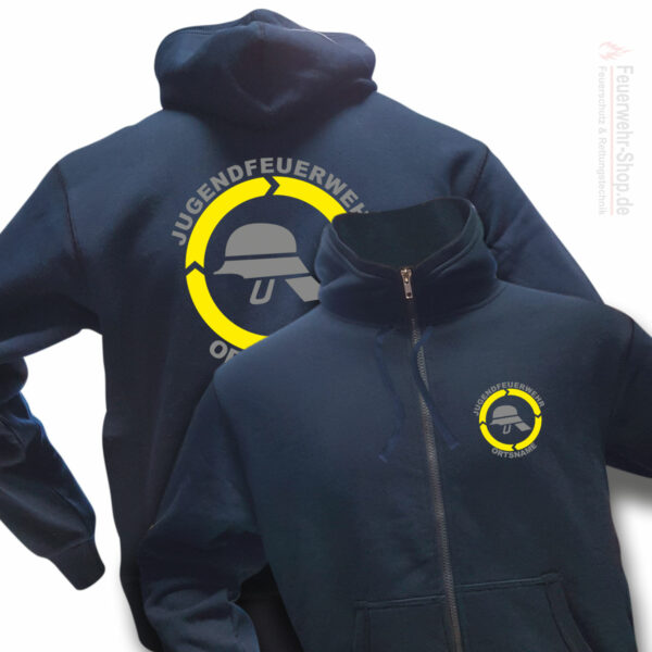 Jugendfeuerwehr Premium Kapuzen-Sweatjacke Helm mit Ortsnamen