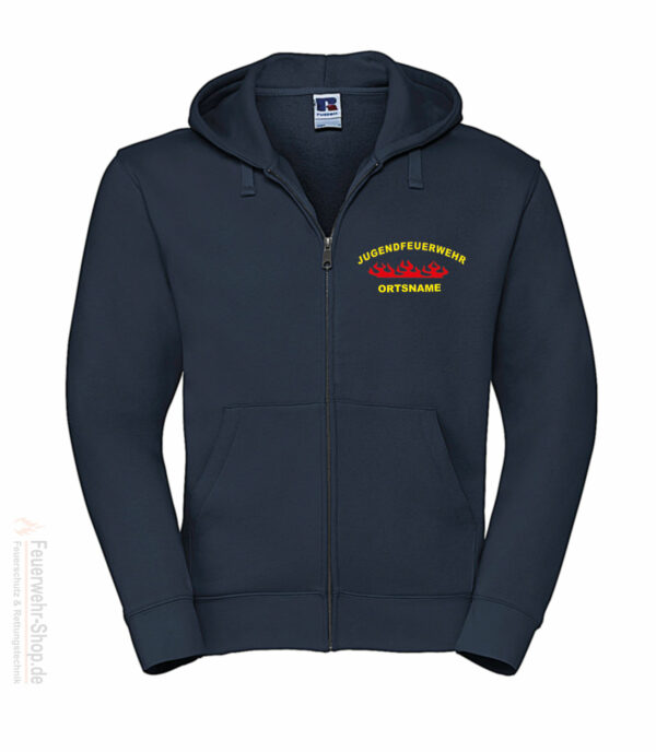 Jugendfeuerwehr Premium Kapuzen-Sweatjacke Rundlogo Flamme mit Ortsnamen