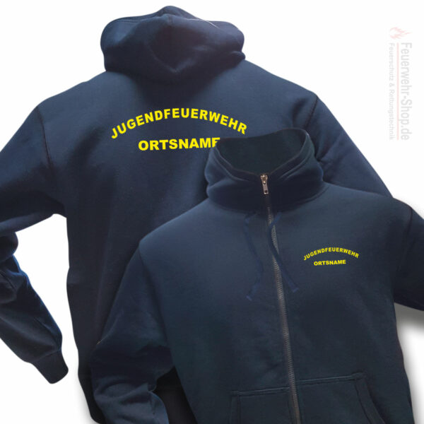 Jugendfeuerwehr Premium Kapuzen-Sweatjacke Rundlogo mit Ortsnamen