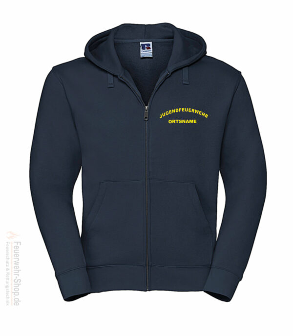 Jugendfeuerwehr Premium Kapuzen-Sweatjacke Rundlogo mit Ortsnamen