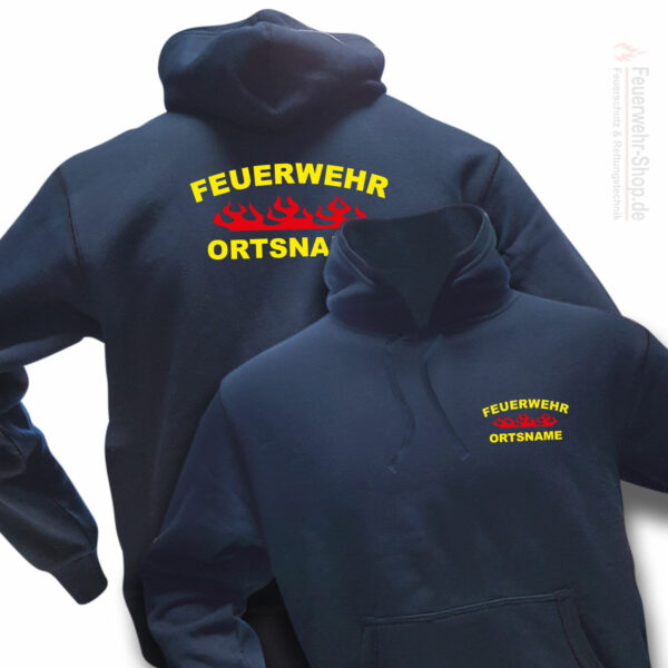 Feuerwehr Premium Kapuzen-Sweatshirt Rundlogo Flamme mit Ortsnamen