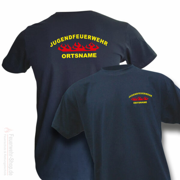 Jugendfeuerwehr Premium T-Shirt Rundlogo Flamme mit Ortsname