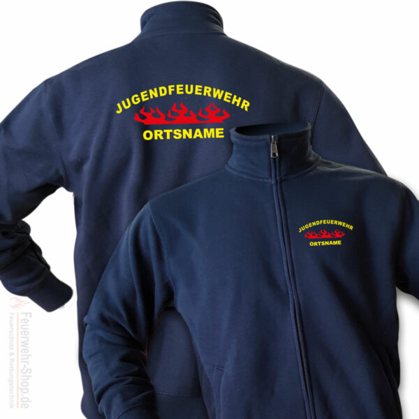 Jugendfeuerwehr Premium Sweatjacke Rundlogo Flamme mit Ortsnamen