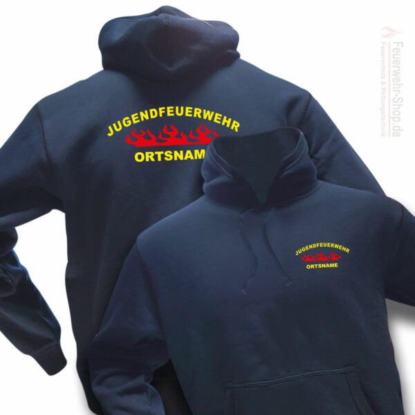 Jugendfeuerwehr Premium Kapuzen-Sweatshirt Rundlogo Flamme mit Ortsnamen