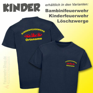 Kinderfeuerwehr Premium T-Shirt Rundlogo Flamme mit Ortsname