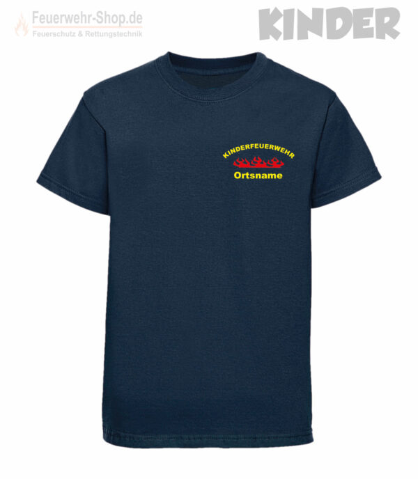 Kinderfeuerwehr Premium T-Shirt Rundlogo Flamme mit Ortsname