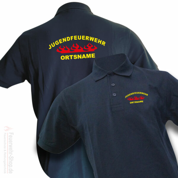 Jugendfeuerwehr Premium Poloshirt Rundlogo Flamme mit Ortsnamen