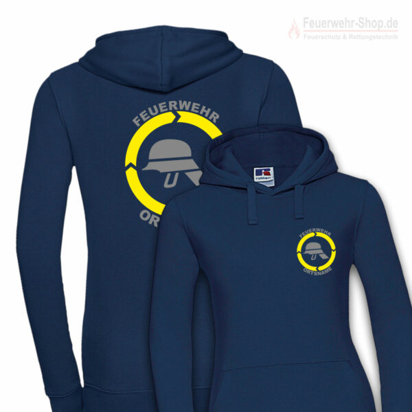 Feuerwehr Premium Damen Kapuzen-Sweatshirt Helm mit Ortsnamen