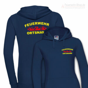 Feuerwehr Premium Damen Kapuzen-Sweatshirt Rundlogo Flamme mit Ortsnamen