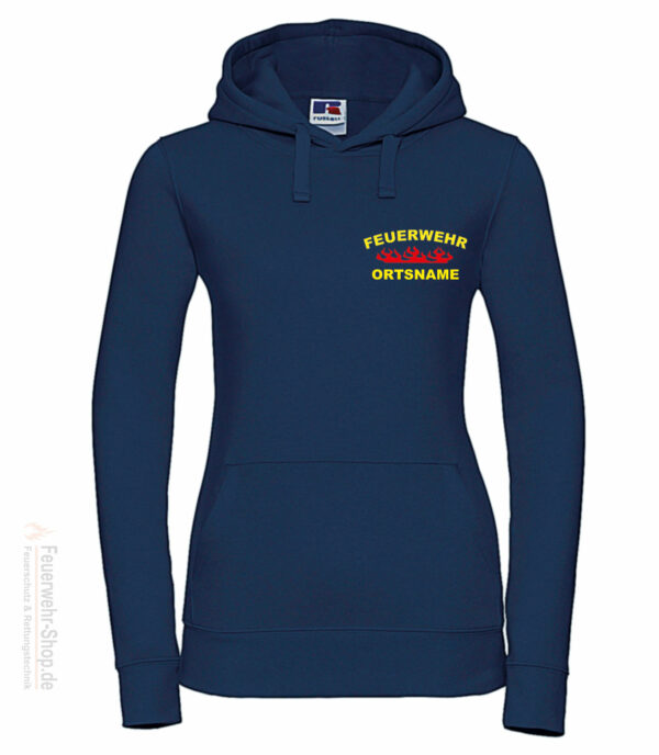 Feuerwehr Premium Damen Kapuzen-Sweatshirt Rundlogo Flamme mit Ortsnamen