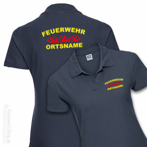 Feuerwehr Premium Damen Poloshirt Rundlogo Flamme mit Ortsname