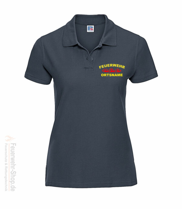 Feuerwehr Premium Damen Poloshirt Rundlogo Flamme mit Ortsname