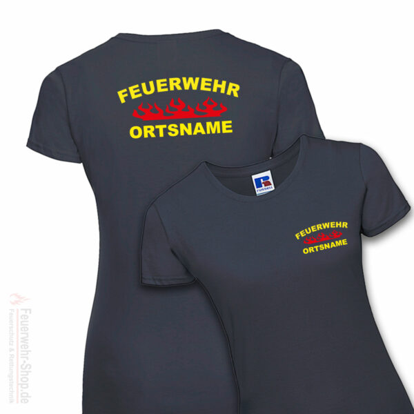 Feuerwehr Premium Damen T-Shirt Rundlogo Flamme mit Ortsname