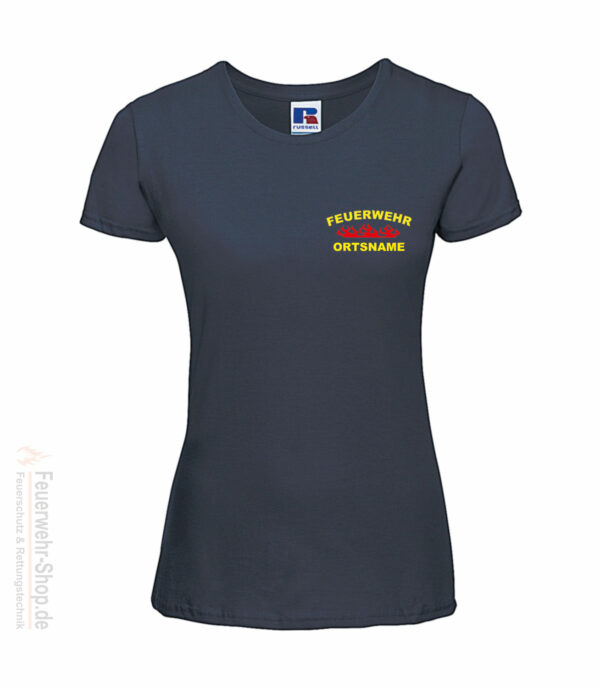 Feuerwehr Premium Damen T-Shirt Rundlogo Flamme mit Ortsname