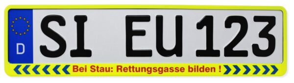 KFZ Kennzeichenhalter Neongelb - BEI STAU RETTUNGSGESSE BILDEN -02