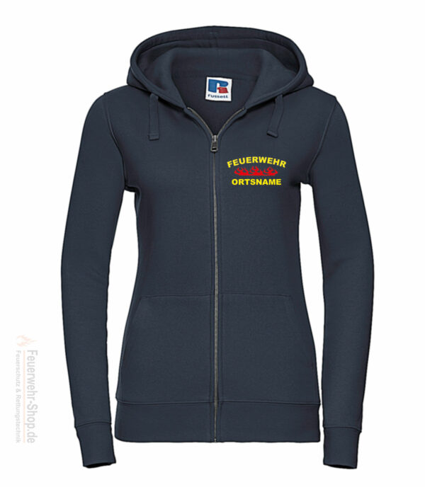 Feuerwehr Premium Damen Kapuzen-Sweatjacke Rundlogo Flamme mit Ortsnamen