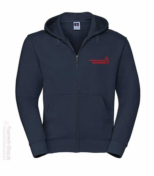 Jugendfeuerwehr Premium Kapuzen-Sweatjacke Basis Flamme mit Ortsname