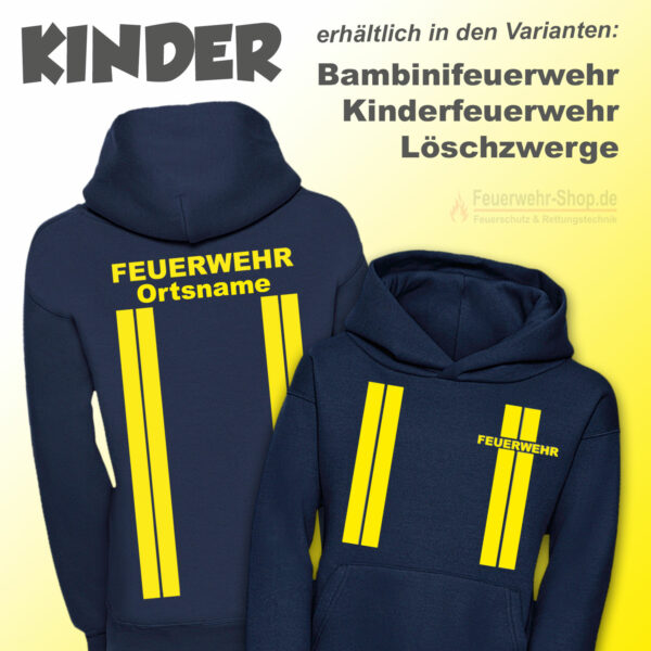Kinderfeuerwehr Premium Kapuzen-Sweatshirt im Einsatzlook mit Ortsname gelb