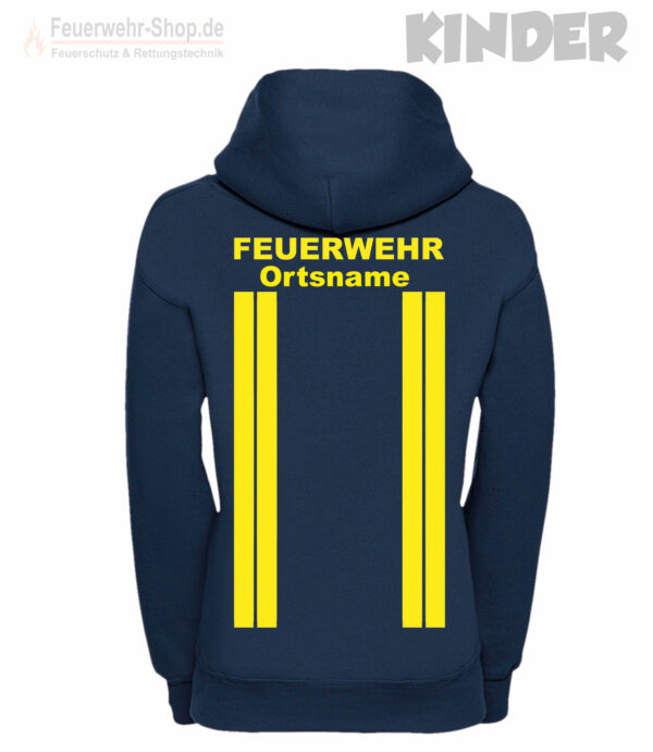 Kinderfeuerwehr Premium Kapuzen-Sweatshirt im Einsatzlook mit Ortsname gelb