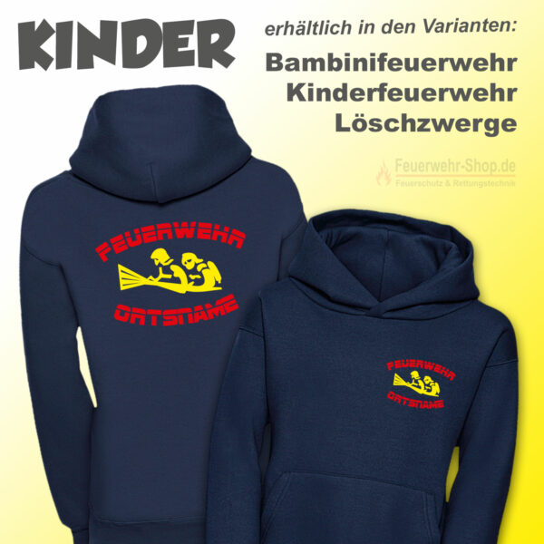 Kinderfeuerwehr Premium Kapuzen-Sweatshirt Firefighter IV mit Ortsname