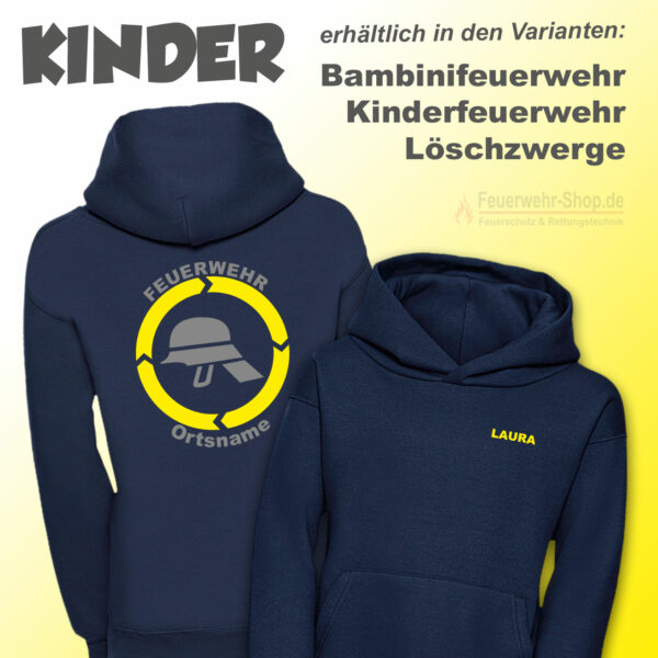 Kinderfeuerwehr Premium Kapuzen-Sweatshirt Helm mit Name und Ortsname