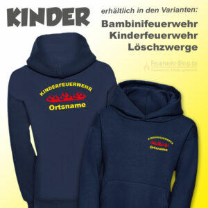 Kinderfeuerwehr Premium Kapuzen-Sweatshirt Rundlogo mit Flamme und Ortsname