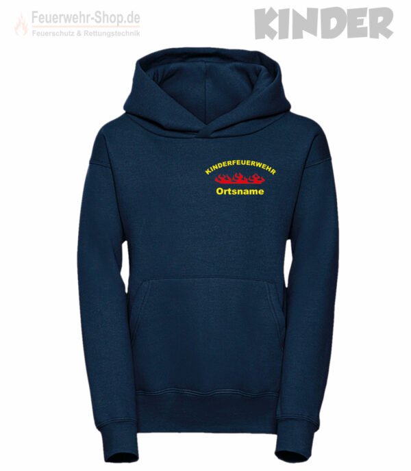 Kinderfeuerwehr Premium Kapuzen-Sweatshirt Rundlogo mit Flamme und Ortsname