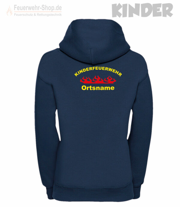 Kinderfeuerwehr Premium Kapuzen-Sweatshirt Rundlogo mit Flamme und Ortsname