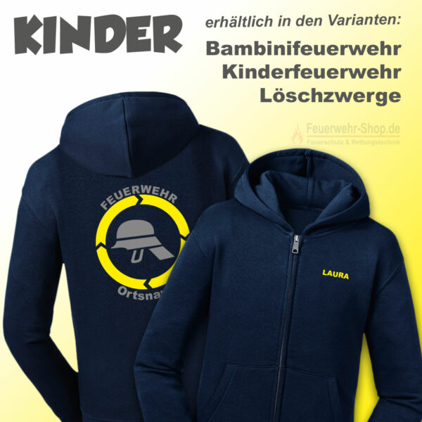 Kinderfeuerwehr Premium Kapuzenjacke Helm mit Name und Ortsname