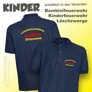 Kinderfeuerwehr Premium Poloshirt Rundlogo mit Flamme und Ortsname
