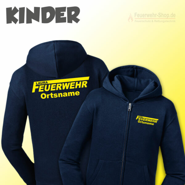 Kinderfeuerwehr Premium Kapuzenjacke Rundlogo mit Name im Logo und Ortsname