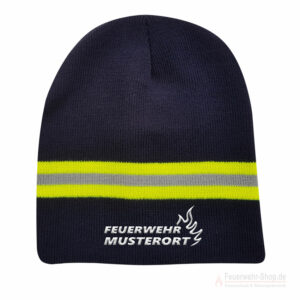 Premium Hupf Beanie, navyblau Hupf-Style mit Feuerwehrmotiv und Ortsname, bestickt