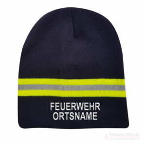 Premium Hupf Beanie, navyblau Hupf-Style mit Feuerwehr Schriftzug und Ortsname, bestickt